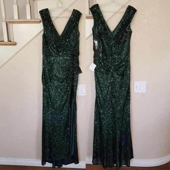 Cinderella Emerald Green Sequin V-Neck Formal Gown 14 - Picture 2 of 6